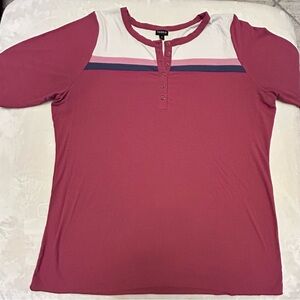 torrid pink short sleeve henley with white yoke and navy stripe